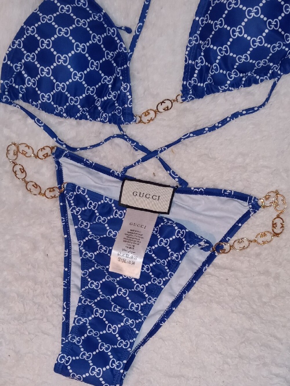 Gucci Blue GG Logo Triangle Chain Bikini - Picture 3 of 13